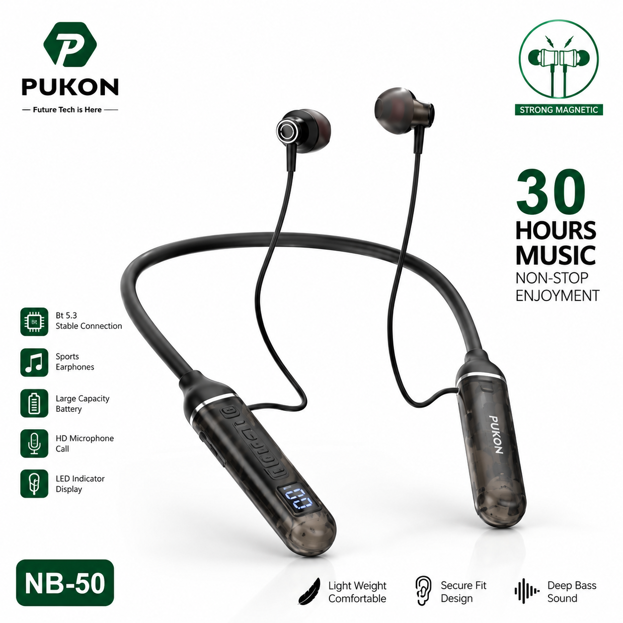 PUKON NB-50 Wireless Bluetooth Neckband Earphones – 30 Hours Music, Magnetic Earbuds & LED Display