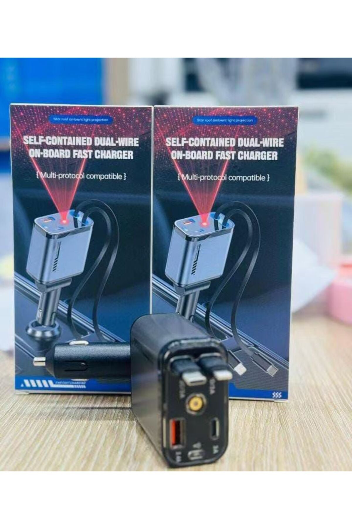 Self-Contained Dual Wire On-Board Fast Car Charger – High-Speed Charging for Multiple Devices