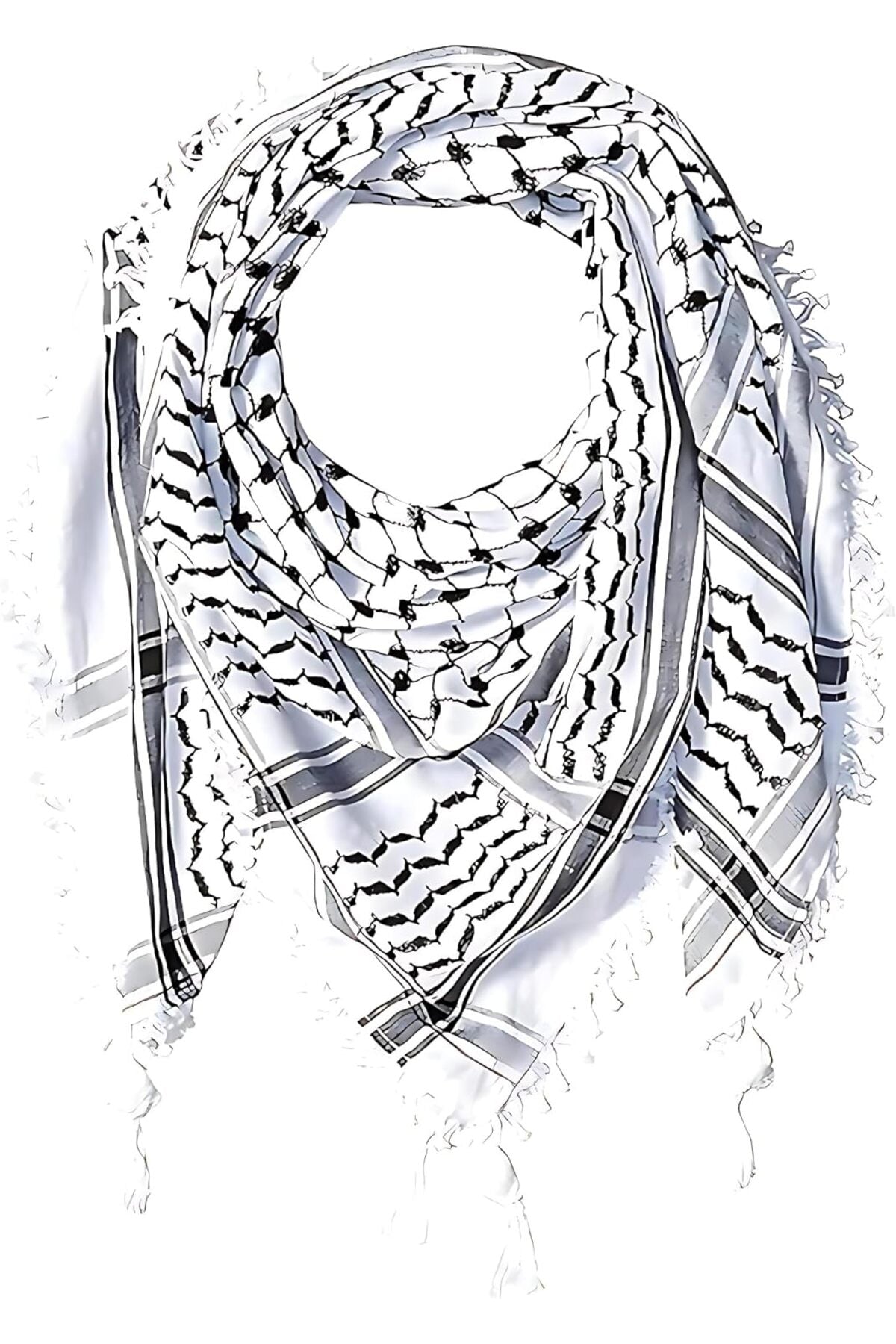 Arabic Style Shemagh Keffiyeh Scarf Cotton - White/Black Tassel (Men)