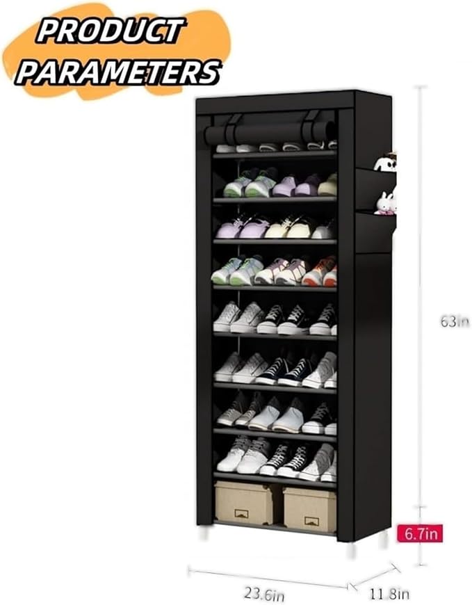 9‑Tier Shoe Rack with Cover – Foldable Shoe Organizer for 25 Pairs, Dustproof Storage Cabinet (157 × 59 × 28 cm)