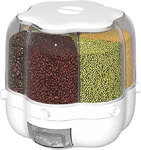 6‑Grid Rotating Food Dispenser – Round Rice & Grain Storage Container, Sealed Dry Food Organizer (Transparent)
