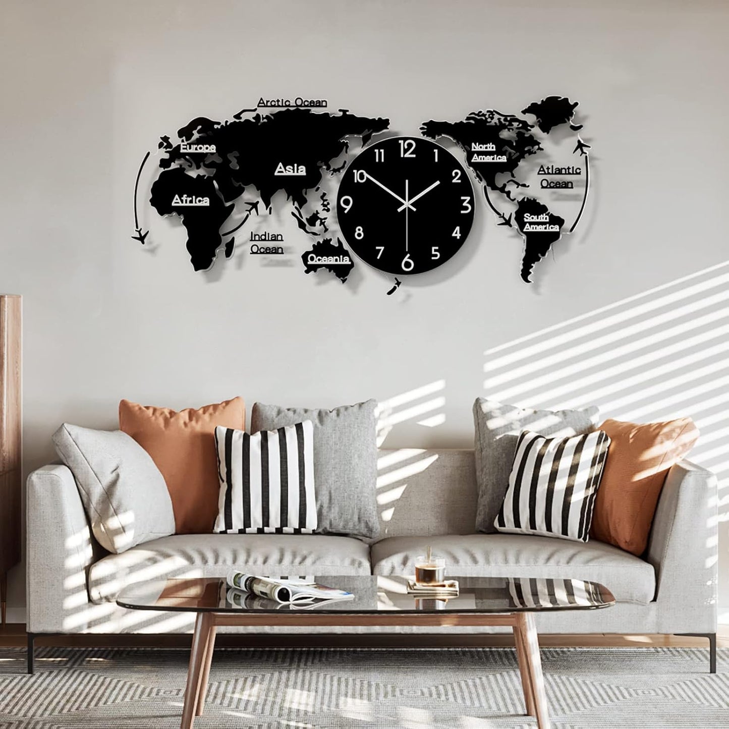 Large 3D World Map Wall Clock – Modern Acrylic DIY Wall Art Decor – Silent Quartz Clock for Living Room & Office