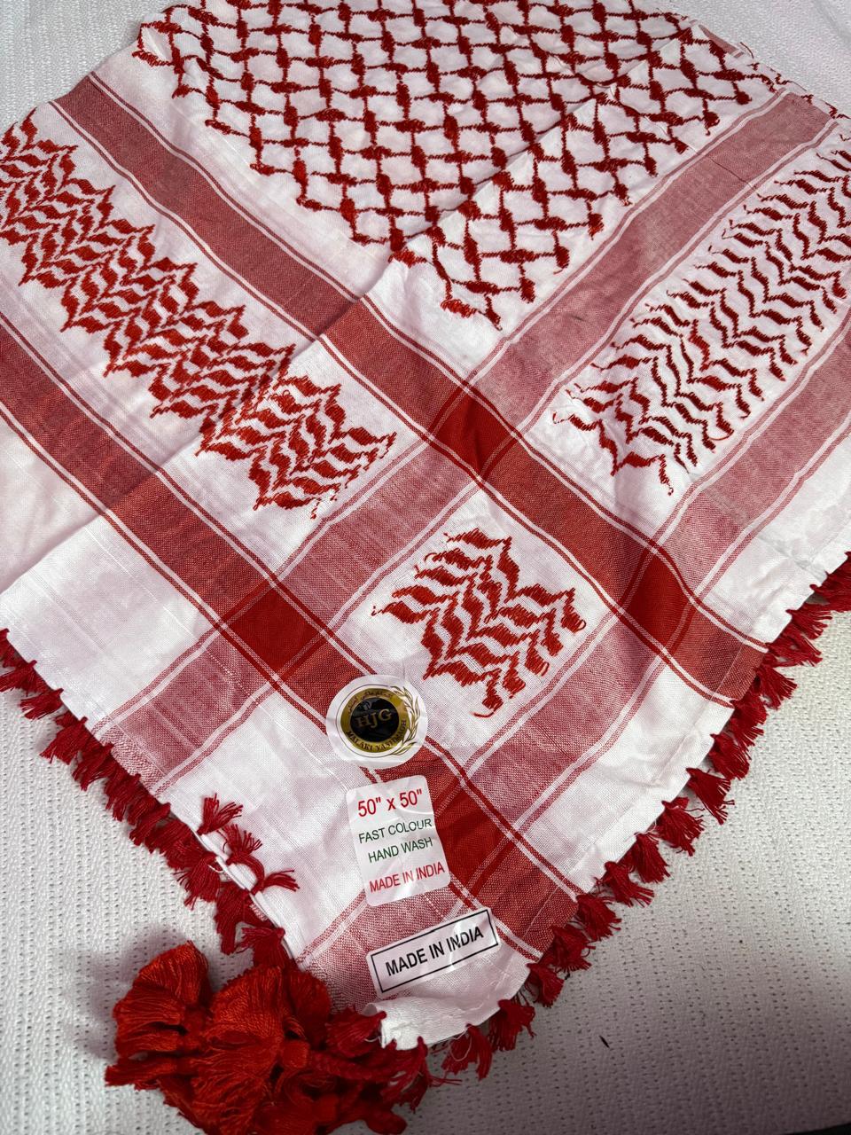Traditional Cotton Keffiyeh Scarf 50x50 Inch – Red & White Checkered Shemagh with Tassel