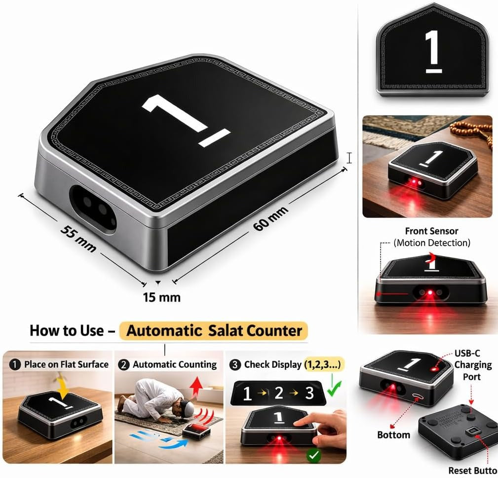 Automatic Digital Salat Counter – Motion Sensor Prayer Tracker with LED Display & USB-C Charging