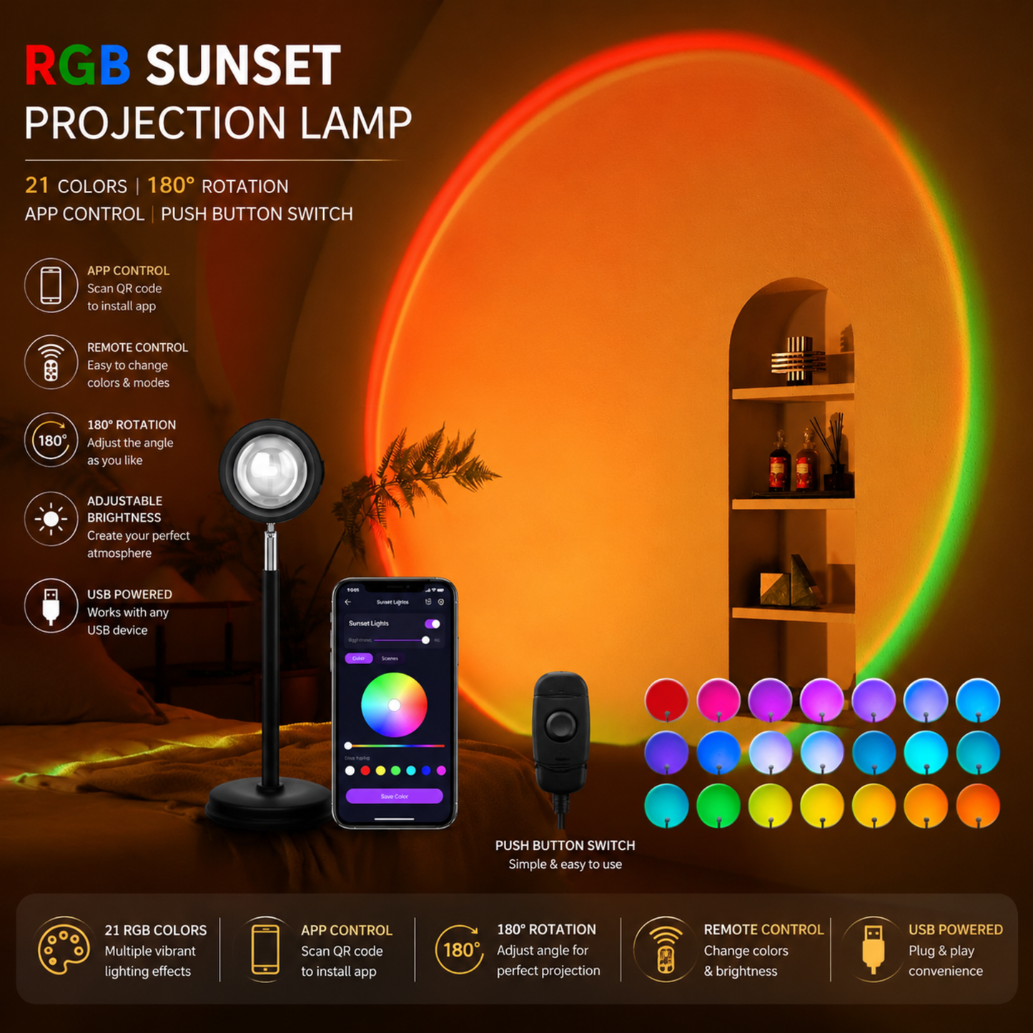 RGB Sunset Lamp – 16 Colors LED Projector with Remote