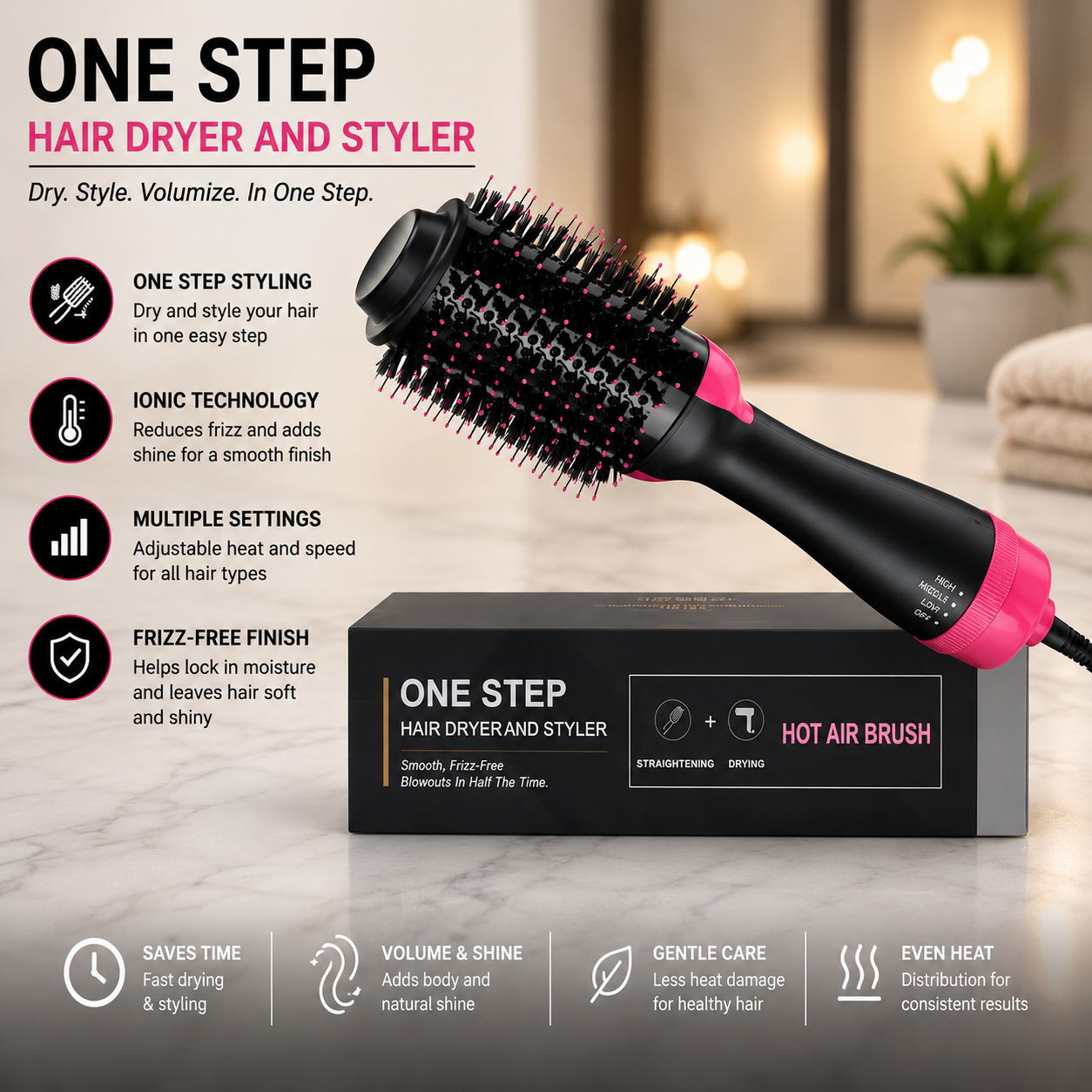 One Step Hot Air Brush Hair Dryer & Volumizer | 3-in-1 Hair Dryer, Straightener & Styler