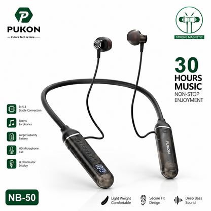 PUKON NB-50 Wireless Bluetooth Neckband Earphones – 30 Hours Music, Magnetic Earbuds & LED Display