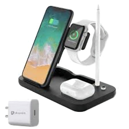 3-in-1 Magnetic Wireless Charging Station for iPhone, Apple Watch & AirPods | Fast Charging Dock with Apple Pencil Holder | Black
