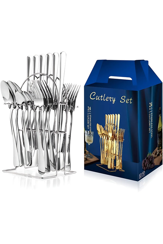 24-Piece Stainless Steel Flatware Set with Stand (Silver, Mirror Polished)