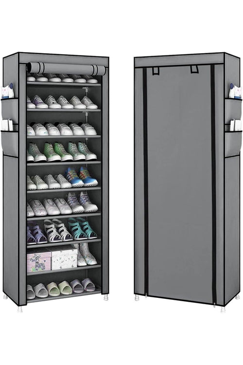 9 Tiers Shoe Rack Storage Box for 27 Pairs - Foldable with Dust-Proof Cover (Gray)