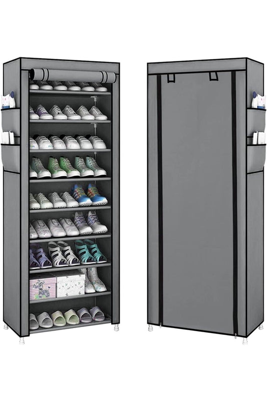 9 Tiers Shoe Rack Storage Box for 27 Pairs - Foldable with Dust-Proof Cover (Gray)