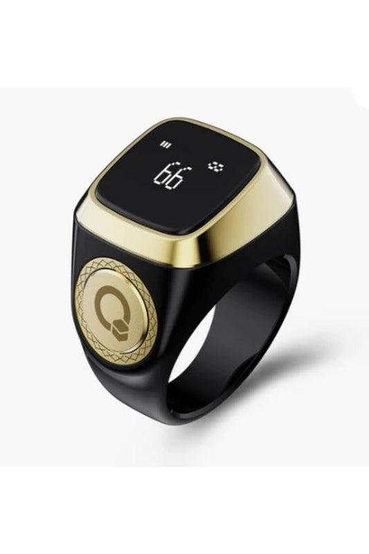Digital Smart Zikr Ring | Digital Tasbeeh Ring with Prayer Time Alerts | 18mm Black and Gold