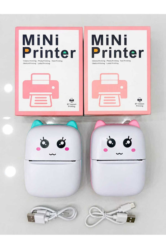 Cute Cat Mini Portable Thermal Printer with USB Charging Cable & Bluetooth Printing