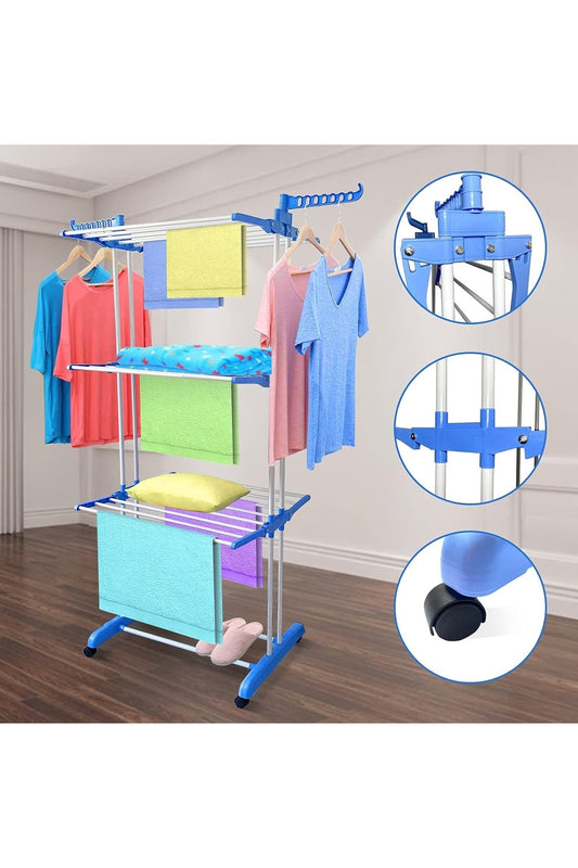 4-Tier Clothes Drying Rack 67.7” High – Foldable Stainless Steel Laundry Rack with Wheels, 24 Poles