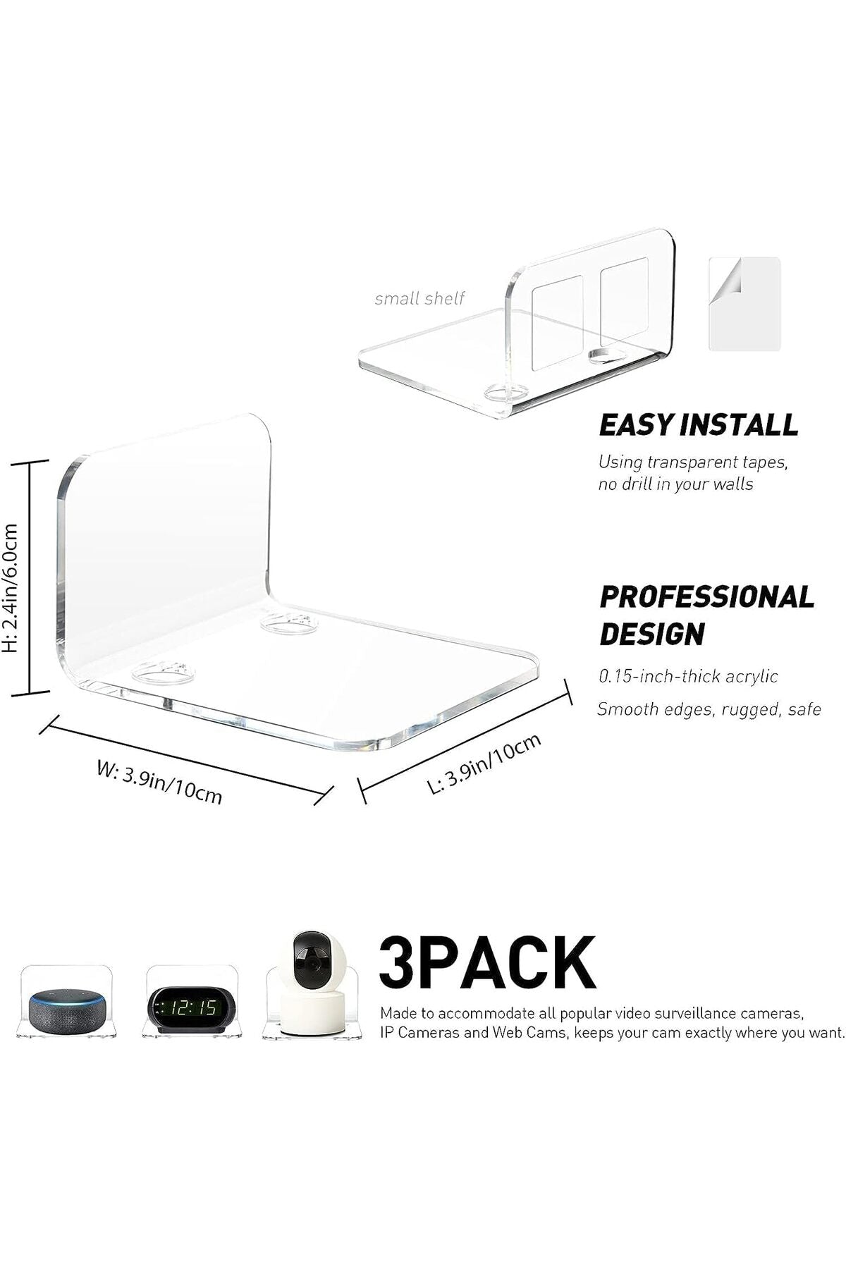 Acrylic Floating Wall Shelves Set of 3 - Clear (No Drill Required)
