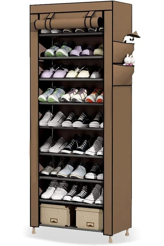 9-Tier Foldable Shoe Rack with Cover - 25-Pair (157x59x28cm) Brown