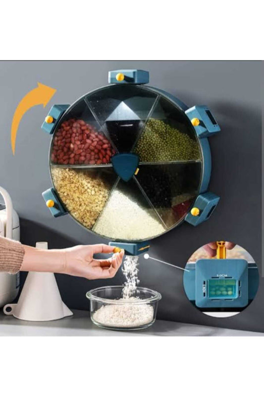 6-Compartment Wall-Mounted Rotating Grain Dispenser – 360° Airtight Cereal Storage