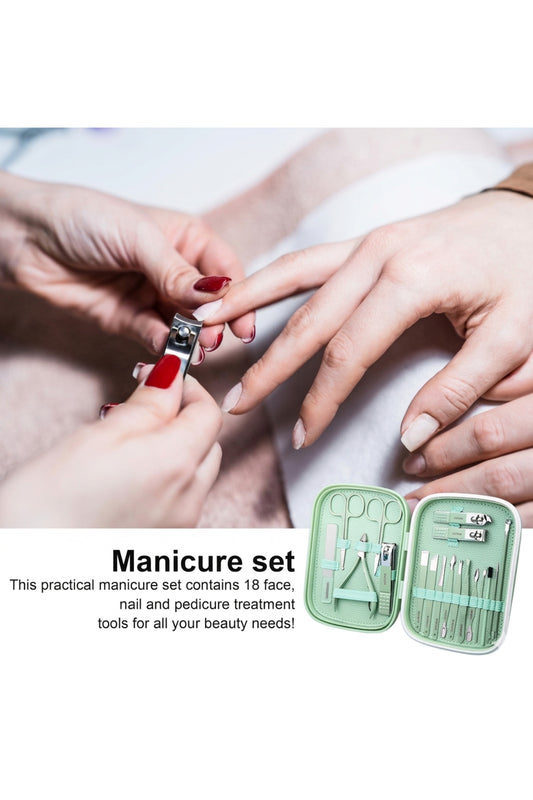 18-Piece Stainless Steel Grooming & Manicure Set – Mint Green Travel Collection