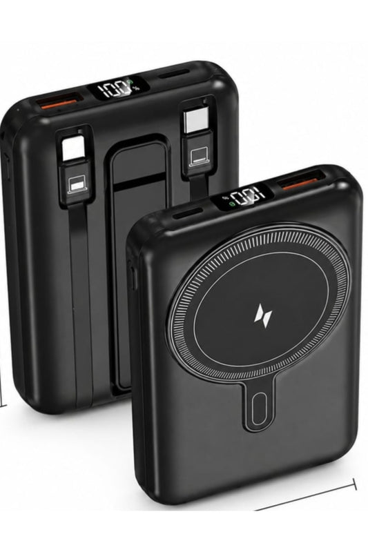 Portable Wireless Charging Power Bank with Built-in Dual Charging Cables