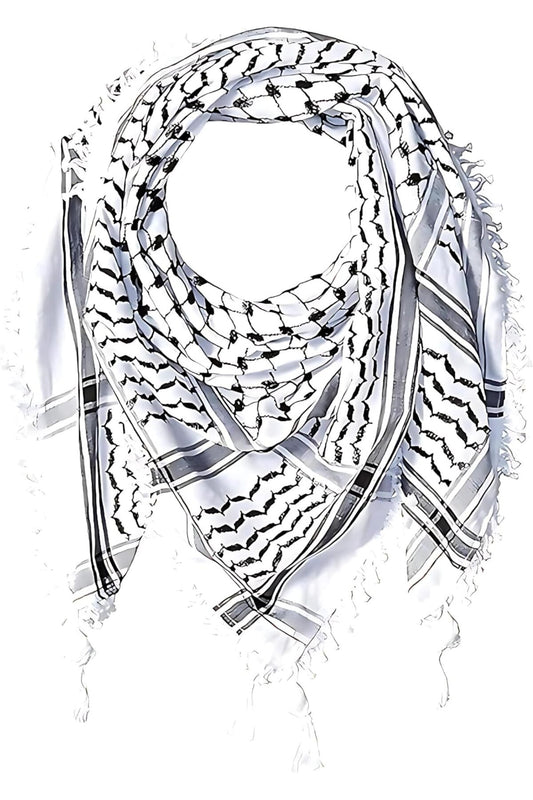 Arabic Style Shemagh Keffiyeh Scarf Cotton - White/Black Tassel (Men)