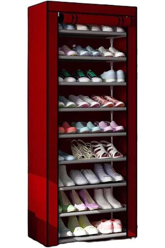 10-Tier Foldable Shoe Rack with Zippered Cover - Stores up to 25 Pairs (Red)