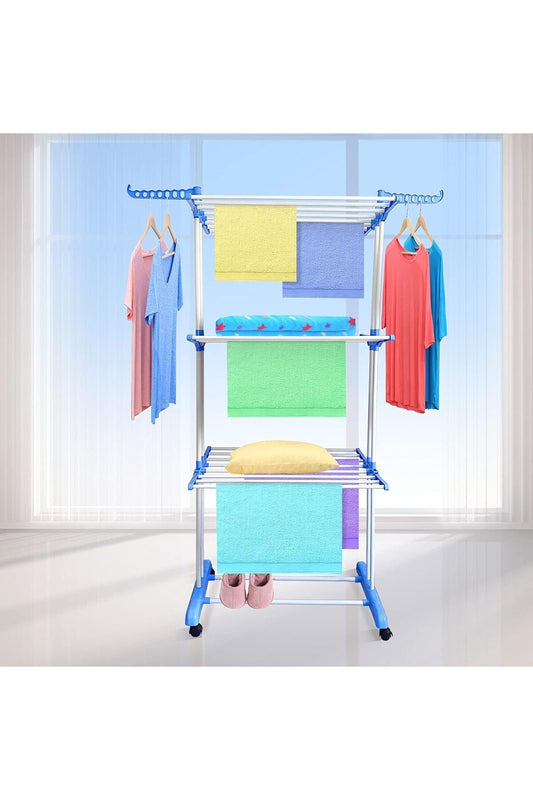 3-Layer Folding Clothes Drying Rack (Adjustable, Stainless Steel) - Blue