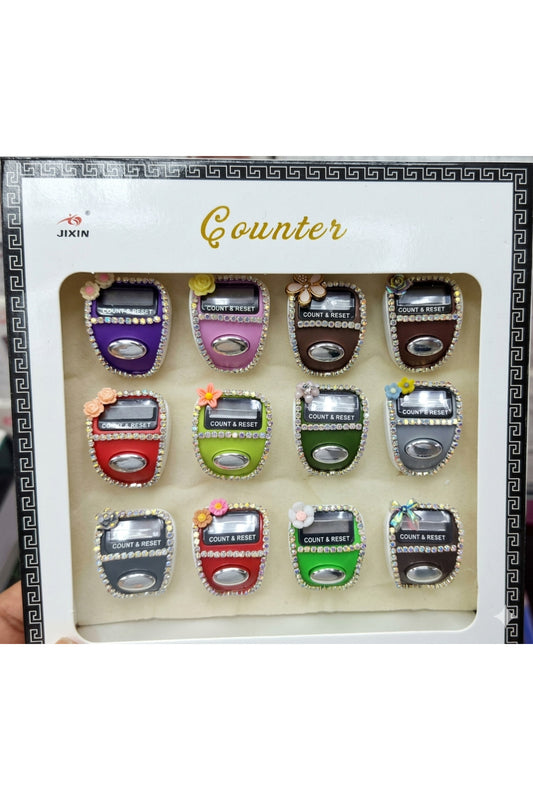12-Piece Rhinestone Decorative Digital Finger Tally Counters – Adjustable Silicone Strap Collection