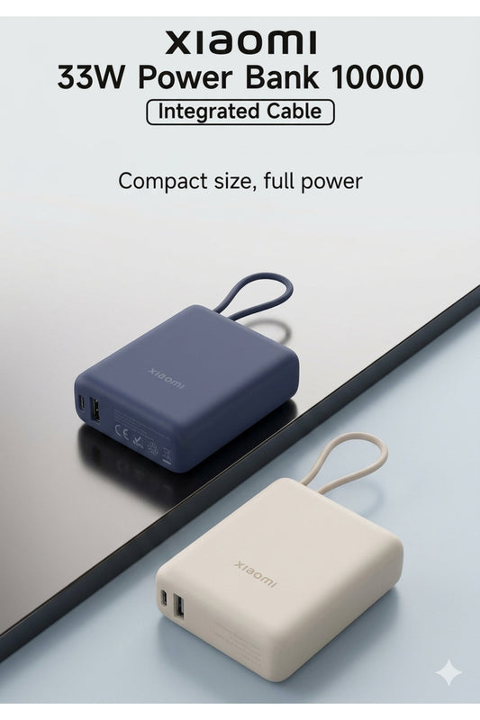 10000mAh Ultra-Compact Power Bank with 33W Fast Charging and Integrated USB-C Cable