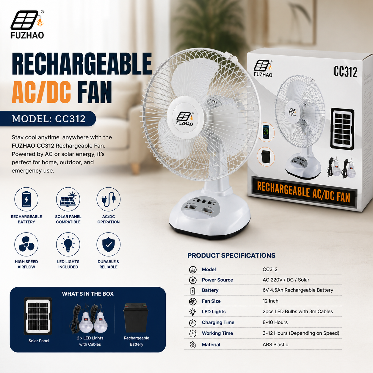 FUZHAO CC312 Rechargeable AC/DC Fan with Solar Panel & LED Bulbs | Portable Emergency Cooling Fan