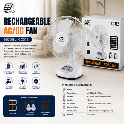 FUZHAO CC312 Rechargeable AC/DC Fan with Solar Panel & LED Bulbs | Portable Emergency Cooling Fan