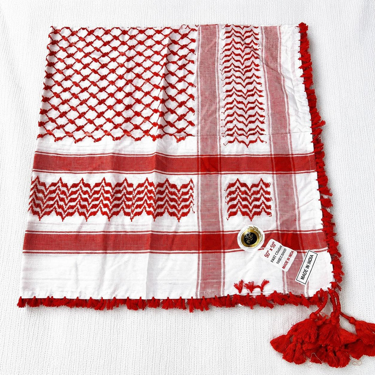 Traditional Cotton Keffiyeh Scarf 50x50 Inch – Red & White Checkered Shemagh with Tassel