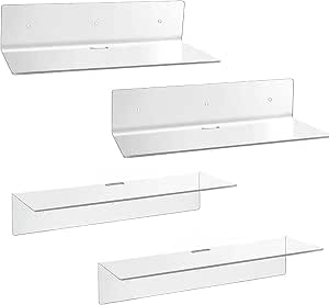 Acrylic Floating Wall Shelves – Set of 4 Small Wall Shelves for Bedroom, Bathroom, Kitchen, Living Room & Office – Clear/Black/White