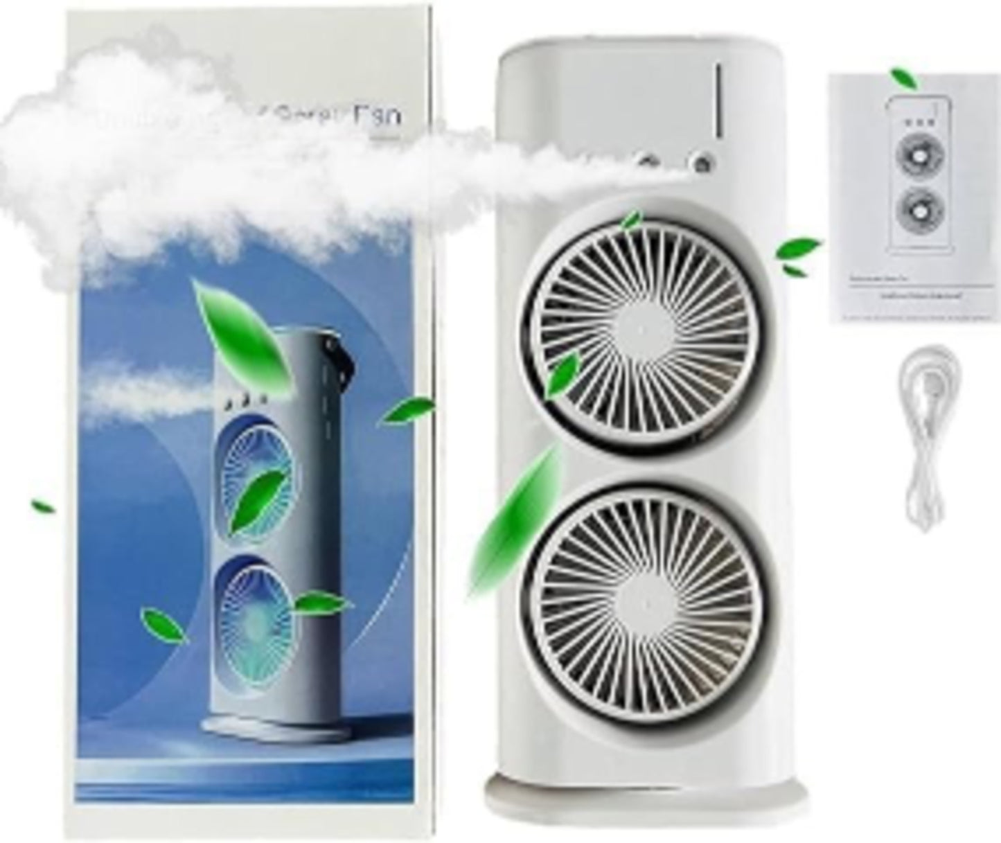 Portable Dual Cooling Fan & Mist Humidifier – Tower Desk Air Cooler with Remote Control & LED Lights
