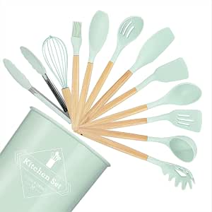 12PCS Silicone Cooking Utensil Set with Holder | Heat-Resistant Kitchen Gadgets & Tools | Non-Stick, Non-Toxic Wooden Handle Cookware Turner Spatula Set