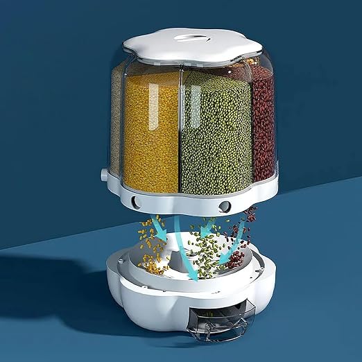 6‑Grid Rotating Food Dispenser – Round Rice & Grain Storage Container, Sealed Dry Food Organizer (Transparent)