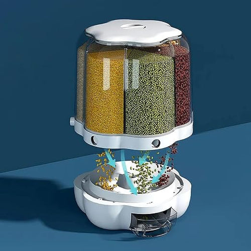 6‑Grid Rotating Food Dispenser – Round Rice & Grain Storage Container, Sealed Dry Food Organizer (Transparent)