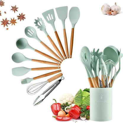 12PCS Silicone Cooking Utensil Set with Holder | Heat-Resistant Kitchen Gadgets & Tools | Non-Stick, Non-Toxic Wooden Handle Cookware Turner Spatula Set