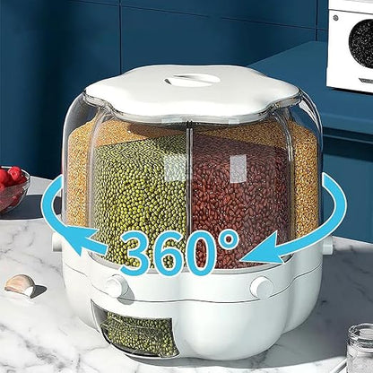 6‑Grid Rotating Food Dispenser – Round Rice & Grain Storage Container, Sealed Dry Food Organizer (Transparent)