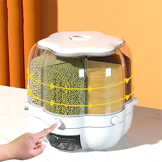 6‑Grid Rotating Food Dispenser – Round Rice & Grain Storage Container, Sealed Dry Food Organizer (Transparent)