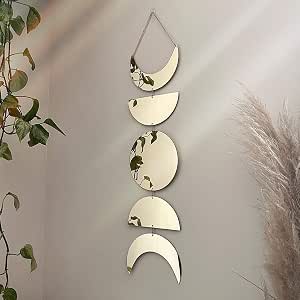 Moon Phase Mirror Wall Decor | Acrylic Boho Hanging Moon Cycle Mirrors | Bohemian & Preppy Aesthetic Art Decorations for Bedroom & Living Room ( Gold)