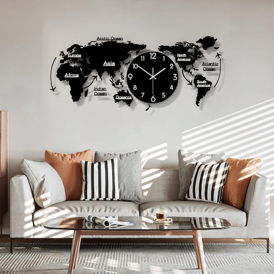 Large 3D World Map Wall Clock – Modern Acrylic DIY Wall Art Decor – Silent Quartz Clock for Living Room & Office