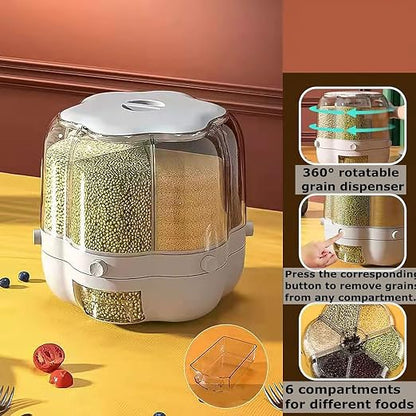 6‑Grid Rotating Food Dispenser – Round Rice & Grain Storage Container, Sealed Dry Food Organizer (Transparent)