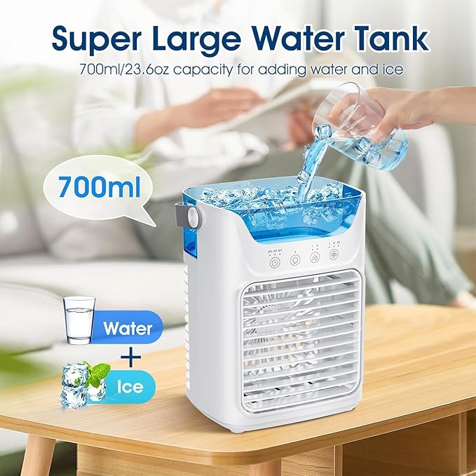 Portable Mini Air Conditioner Fan – USB Personal Air Cooler with 3 Speeds, 700 ml Water Tank, 7‑Color LED & 2–10H Timer for Room/Office/Camping
