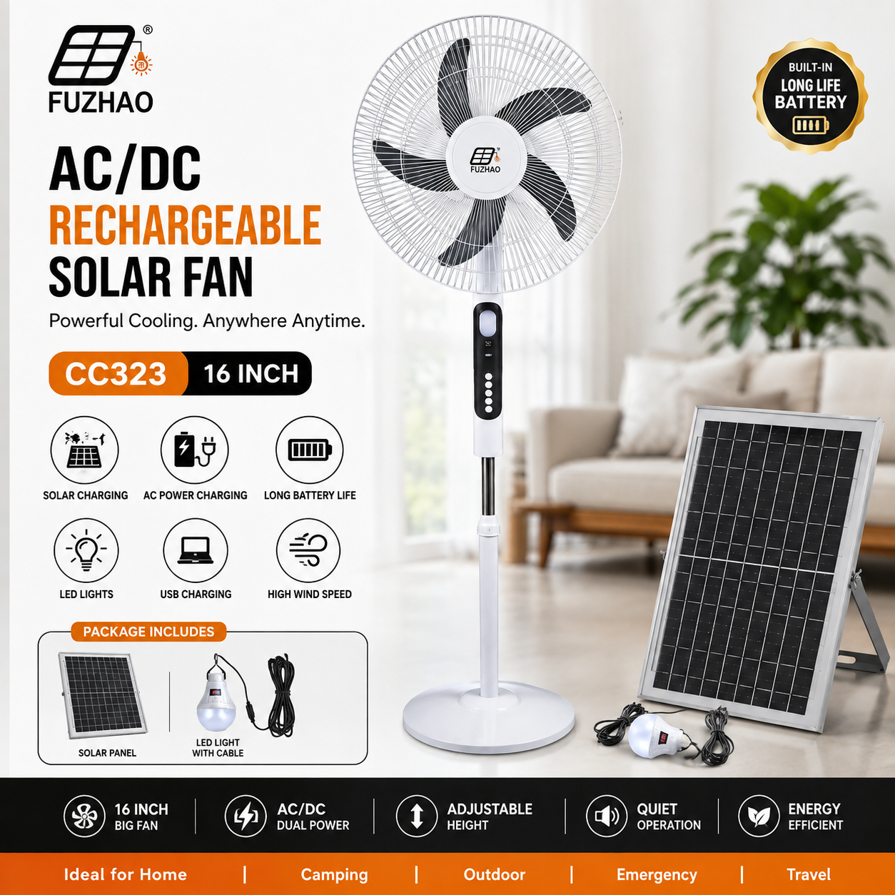 FUZHAO CC323 16-Inch AC/DC Rechargeable Solar Fan with Solar Panel & LED Bulb | Adjustable Standing Fan | Emergency Cooling Solution