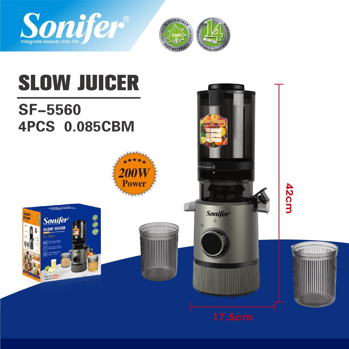 Sonifer SF-5560 Slow Juicer 150W – 110RPM Cold Press Juicer with Reverse Function & 700ml Juice Cup