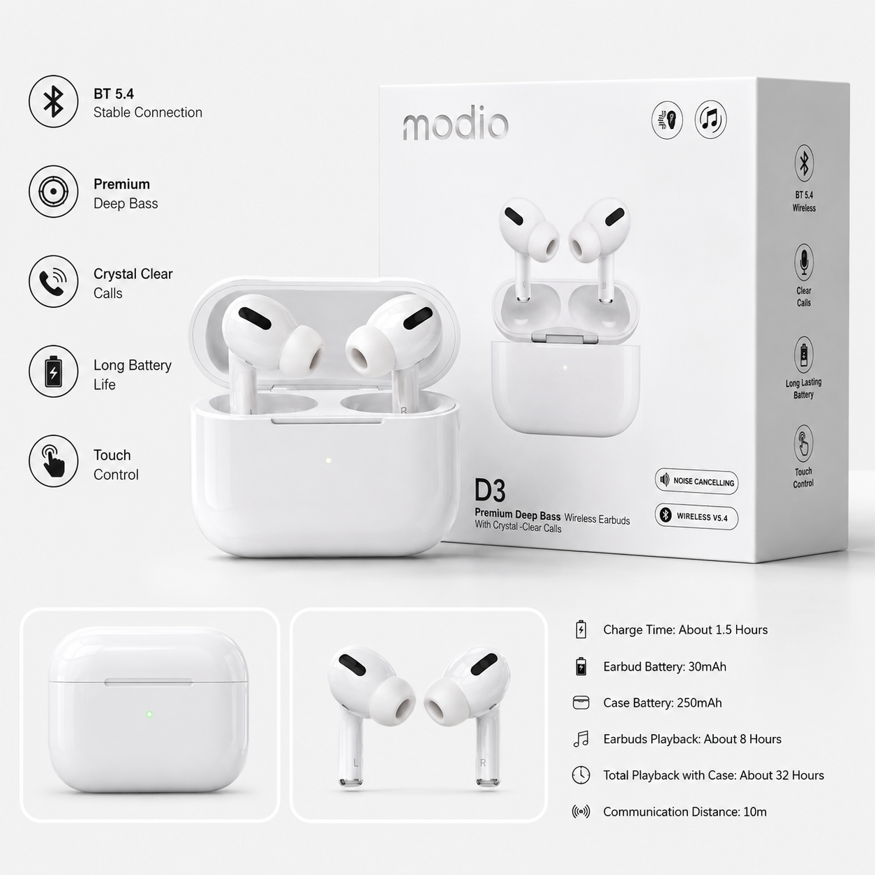 D3 TWS Wireless Earbuds Bluetooth 5.4 with Charging Case, Deep Bass and Clear Calls