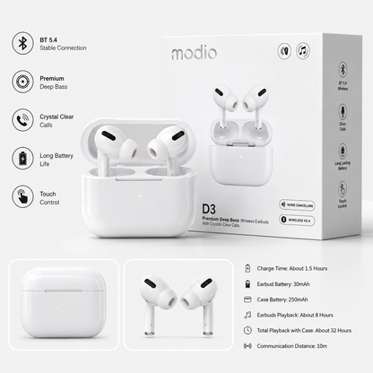 D3 TWS Wireless Earbuds Bluetooth 5.4 with Charging Case, Deep Bass and Clear Calls