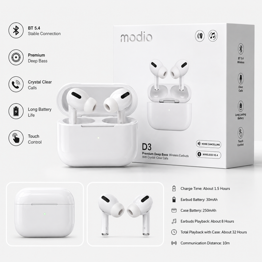 D3 TWS Wireless Earbuds Bluetooth 5.4 with Charging Case, Deep Bass and Clear Calls