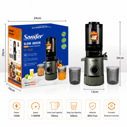 Sonifer SF-5560 Slow Juicer 150W – 110RPM Cold Press Juicer with Reverse Function & 700ml Juice Cup