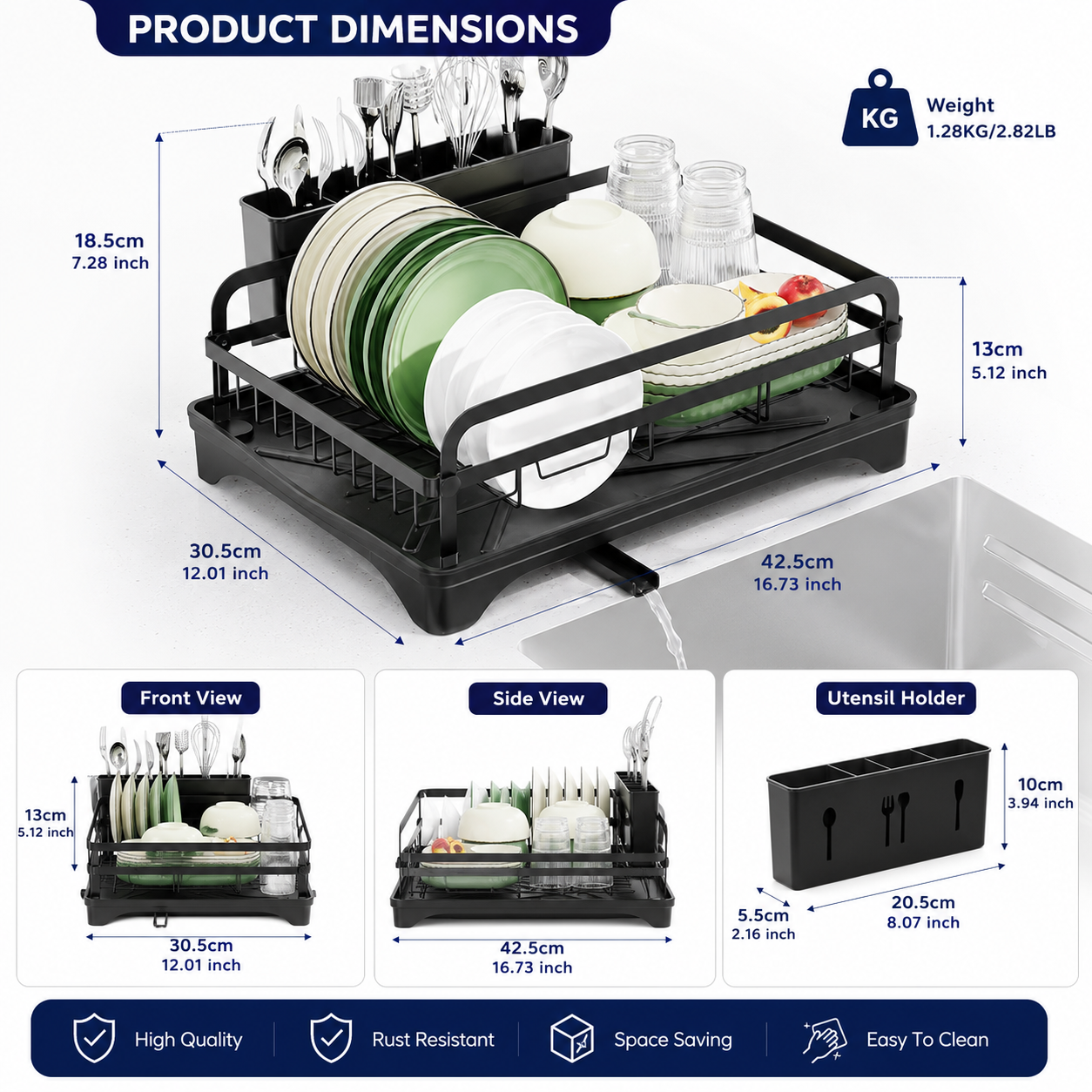 Premium Kitchen Dish Drying Rack with Automatic Drainage Tray | Rust-Resistant Countertop Dish Rack & Cutlery Holder | Black